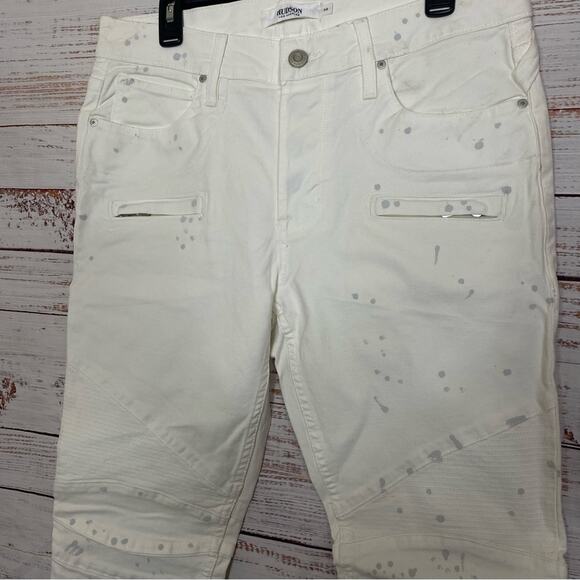 Hudson Los Angeles Blinder V2 Bike splatter Motto white button fly size 32 jeans - Picture 3 of 11